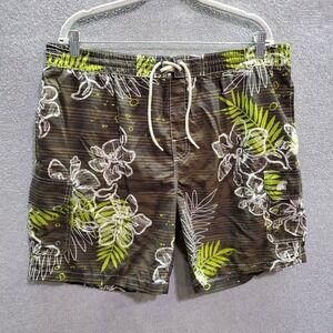 Caribbean Joe Men Swimwear Large Brown‎ Floral Trunks Hawaiian Pocket 7" Inseam